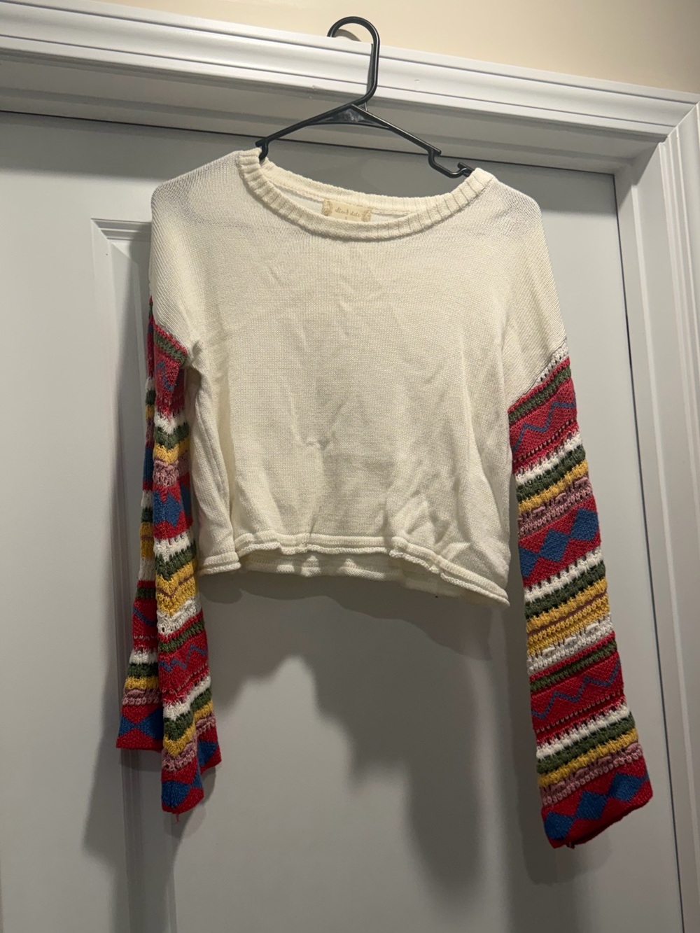 Altar'd State Cream Cropped Sweater with Multicolor Knit Sleeves